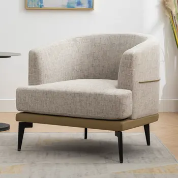 29" Beige Camel and Black Tufted Linen Solid and Manufactured Wood Barrel Chair