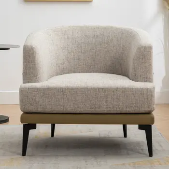 29" Beige Camel and Black Tufted Linen Solid and Manufactured Wood Barrel Chair