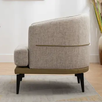 29" Beige Camel and Black Tufted Linen Solid and Manufactured Wood Barrel Chair