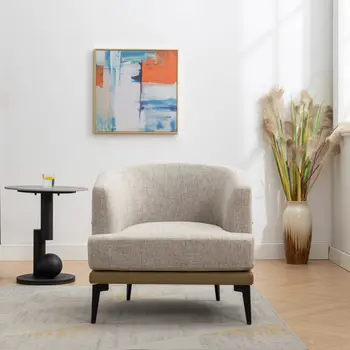 29" Beige Camel and Black Tufted Linen Solid and Manufactured Wood Barrel Chair