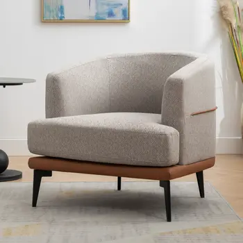 29" Beige Brown and Black Tufted Linen Solid and Manufactured Wood Barrel Chair
