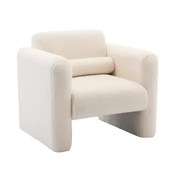 31" Cream and Taupe Tufted Sherpa Solid and Manufactured Wood Arm Chair