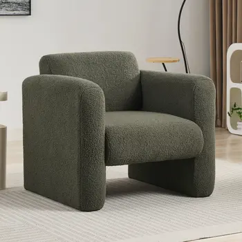 31" Olive Green and Moss Green Tufted Sherpa Solid and Manufactured Wood Arm Chair