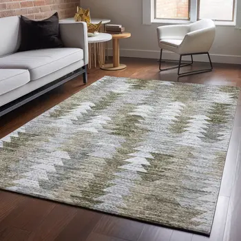 3' X 5' Brown Ivory And Gray Geometric Washable Area Rug With UV Protection