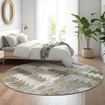 8' Brown Ivory And Gray Geometric Washable Round Rug With UV Protection