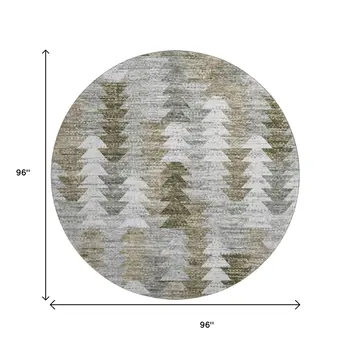 8' Brown Ivory And Gray Geometric Washable Round Rug With UV Protection