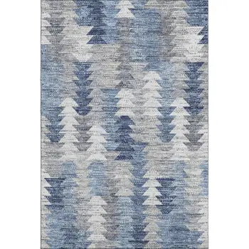 5' X 8' Blue Ivory And Gray Geometric Washable Area Rug With UV Protection