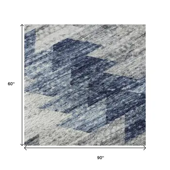 5' X 8' Blue Ivory And Gray Geometric Washable Area Rug With UV Protection