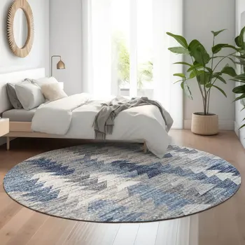 8' Blue Ivory And Gray Geometric Washable Round Rug With UV Protection