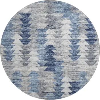 8' Blue Ivory And Gray Geometric Washable Round Rug With UV Protection