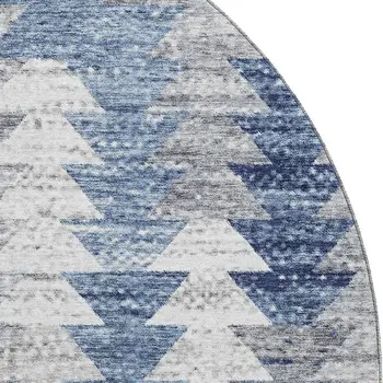 8' Blue Ivory And Gray Geometric Washable Round Rug With UV Protection