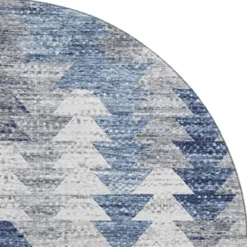 8' Blue Ivory And Gray Geometric Washable Round Rug With UV Protection
