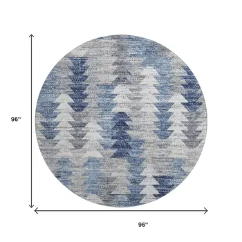8' Blue Ivory And Gray Geometric Washable Round Rug With UV Protection