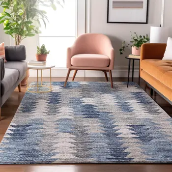 9' X 12' Blue Ivory And Gray Geometric Washable Area Rug With UV Protection