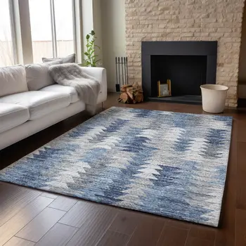 10' X 14' Blue Ivory And Gray Geometric Washable Area Rug With UV Protection