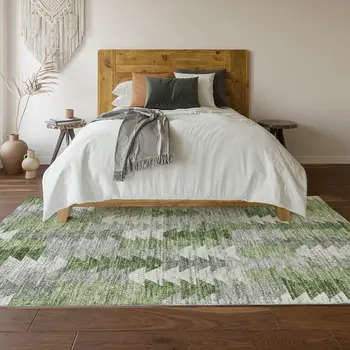 3' X 5' Green Ivory And Gray Geometric Washable Area Rug With UV Protection