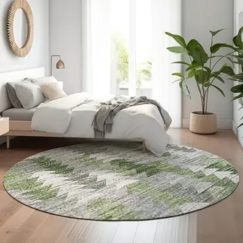 8' Green Ivory And Gray Geometric Washable Round Rug With UV Protection