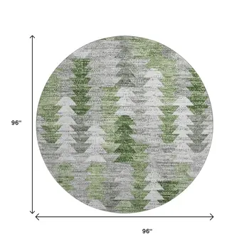 8' Green Ivory And Gray Geometric Washable Round Rug With UV Protection