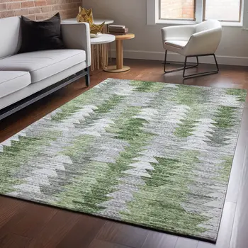 8' X 10' Green Ivory And Gray Geometric Washable Area Rug With UV Protection