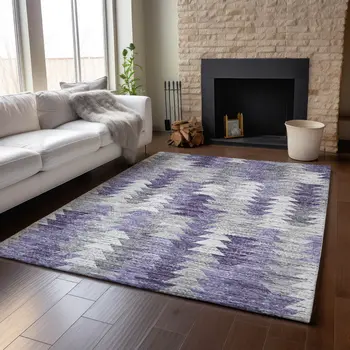 5' X 8' Purple Ivory And Gray Geometric Washable Area Rug With UV Protection