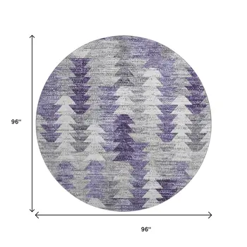 8' Purple Ivory And Gray Geometric Washable Round Rug With UV Protection