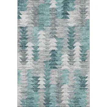 3' X 5' Teal Ivory And Gray Geometric Washable Area Rug With UV Protection