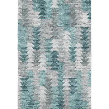 5' X 8' Teal Ivory And Gray Geometric Washable Area Rug With UV Protection
