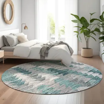8' Teal Ivory And Gray Geometric Washable Round Rug With UV Protection