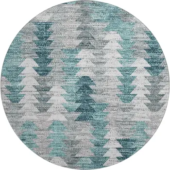 8' Teal Ivory And Gray Geometric Washable Round Rug With UV Protection