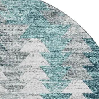 8' Teal Ivory And Gray Geometric Washable Round Rug With UV Protection