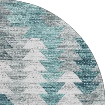8' Teal Ivory And Gray Geometric Washable Round Rug With UV Protection