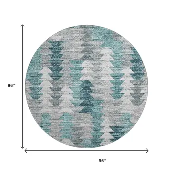 8' Teal Ivory And Gray Geometric Washable Round Rug With UV Protection