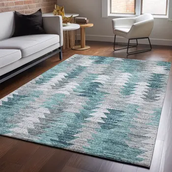 8' X 10' Teal Ivory And Gray Geometric Washable Area Rug With UV Protection