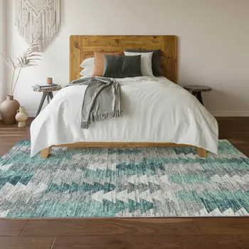 8' X 10' Teal Ivory And Gray Geometric Washable Area Rug With UV Protection