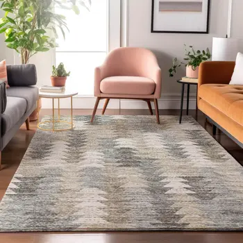 5' X 8' Taupe Ivory And Gray Geometric Washable Area Rug With UV Protection