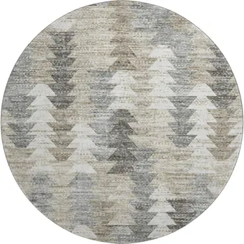 8' Taupe Ivory And Gray Geometric Washable Round Rug With UV Protection