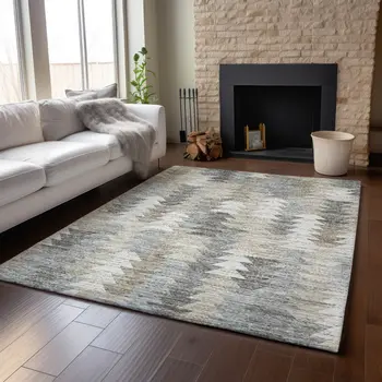 10' X 14' Taupe Ivory And Gray Geometric Washable Area Rug With UV Protection