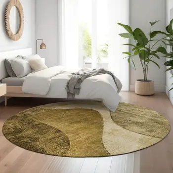 8' Brown And Beige Abstract Washable Round Rug With UV Protection