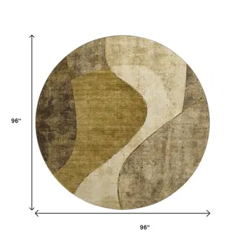 8' Brown And Beige Abstract Washable Round Rug With UV Protection