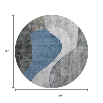 8' Blue Ivory And Gray Abstract Washable Round Rug With UV Protection