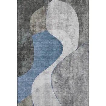 8' X 10' Blue Ivory And Gray Abstract Washable Area Rug With UV Protection