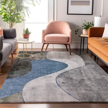 10' X 14' Blue Ivory And Gray Abstract Washable Area Rug With UV Protection