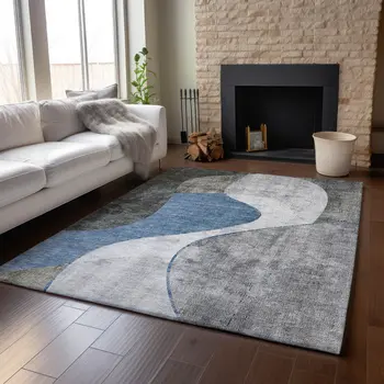 10' X 14' Blue Ivory And Gray Abstract Washable Area Rug With UV Protection
