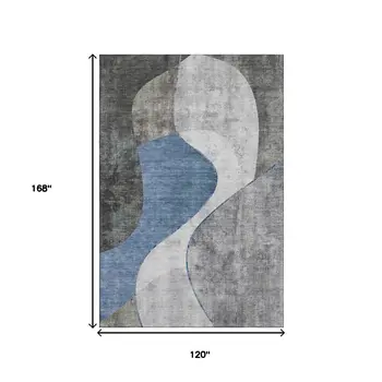 10' X 14' Blue Ivory And Gray Abstract Washable Area Rug With UV Protection
