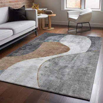 5' X 8' Gray Brown And Ivory Abstract Washable Area Rug With UV Protection