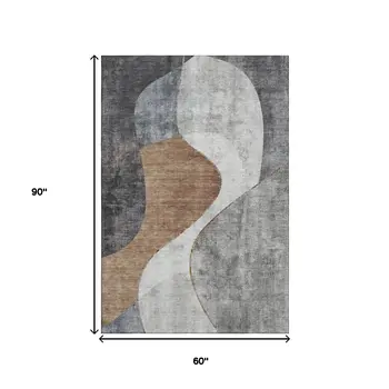 5' X 8' Gray Brown And Ivory Abstract Washable Area Rug With UV Protection