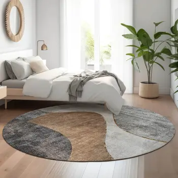 8' Gray Brown And Ivory Abstract Washable Round Rug With UV Protection