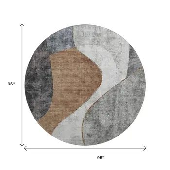 8' Gray Brown And Ivory Abstract Washable Round Rug With UV Protection