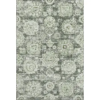 3' X 5' Artichoke Green Ivory And Gray Floral Washable Area Rug With UV Protection