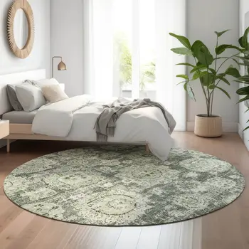 8' Artichoke Green Ivory And Gray Floral Washable Round Rug With UV Protection